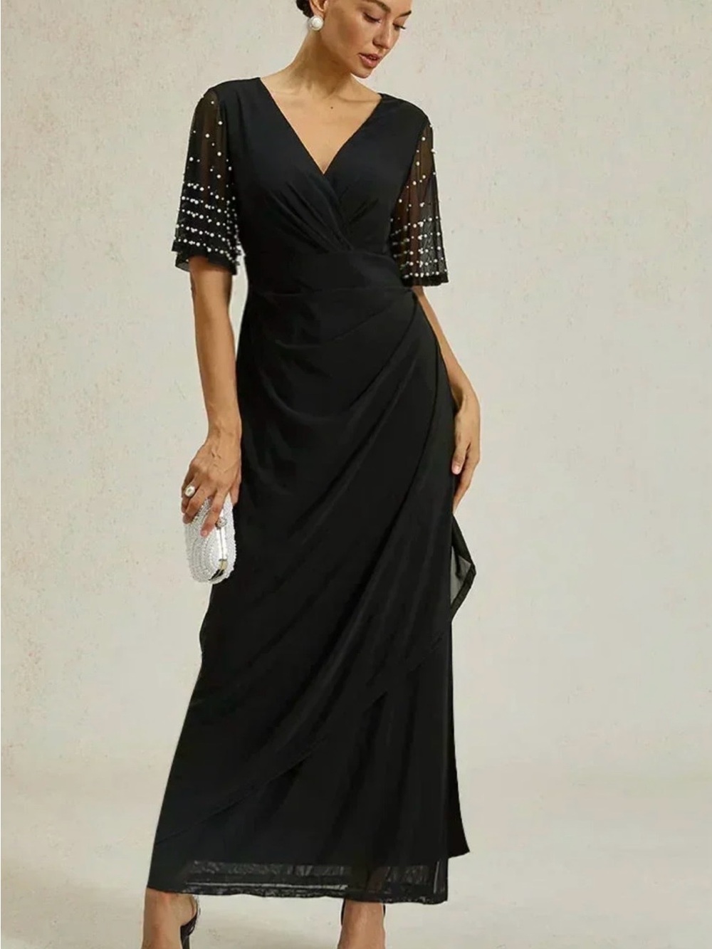 MSGLAMOR Elegant Black V-Neck Maxi Dress with Sheer Pearl Beaded Sleeves